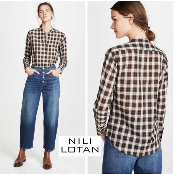 Nili Lotan Tops - Nili Lotan Judith Mocha Plaid Cotton Button Down Shirt